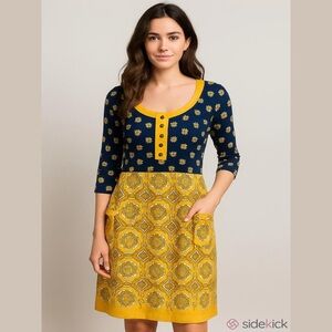 Juicy Couture Women’s Silk Regal Jackie Geometric Print Dress Size L Yellow Navy